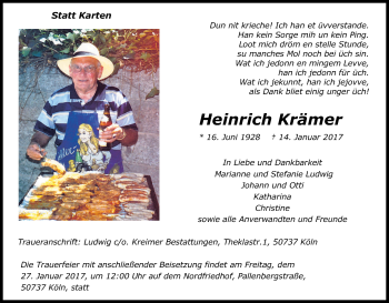 Anzeige von Heinrich Krämer von Kölner Stadt-Anzeiger / Kölnische Rundschau / Express