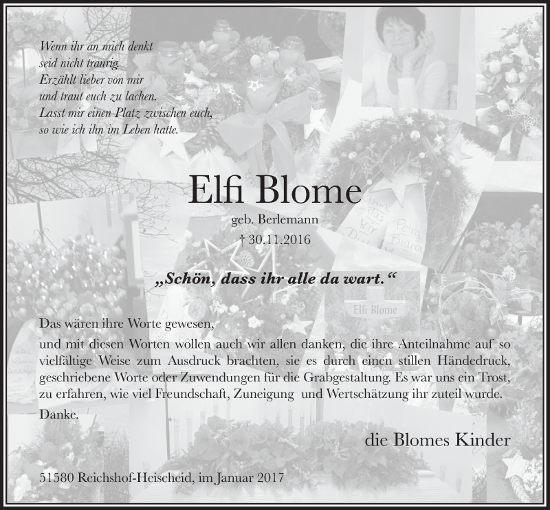  Traueranzeige für Elfi Blome vom 18.01.2017 aus  Lokalanzeiger 