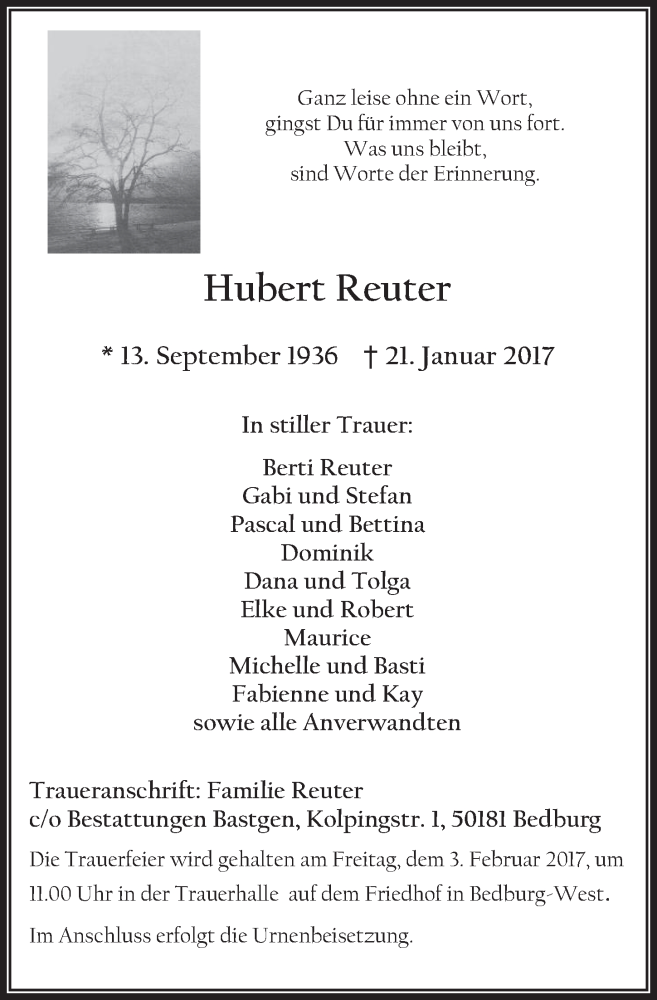  Traueranzeige für Hubert Reuter vom 01.02.2017 aus  Werbepost 