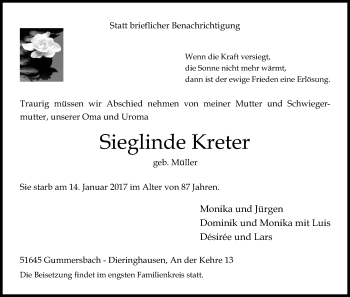 Anzeige von Sieglinde Kreter von Kölner Stadt-Anzeiger / Kölnische Rundschau / Express