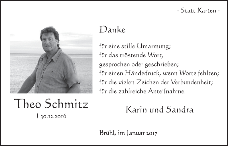  Traueranzeige für Theo Schmitz vom 18.01.2017 aus  Schlossbote/Werbekurier 