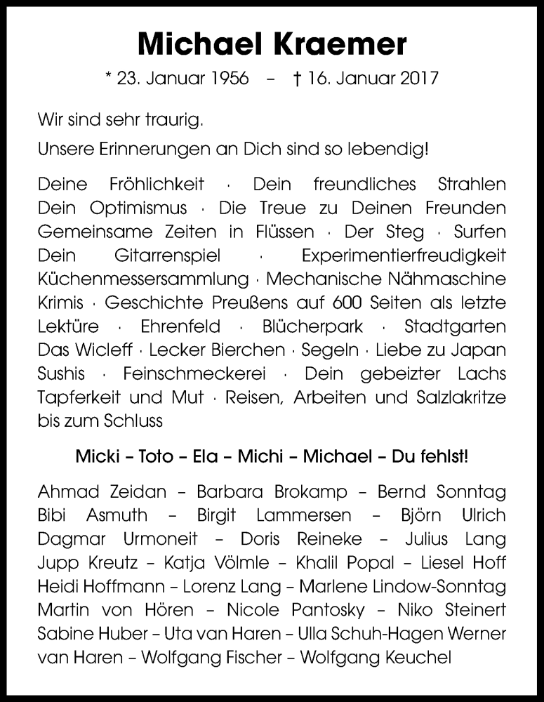  Traueranzeige für Michael Kraemer vom 28.01.2017 aus Kölner Stadt-Anzeiger / Kölnische Rundschau / Express