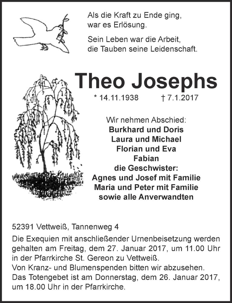  Traueranzeige für Theo Josephs vom 21.01.2017 aus  Blickpunkt Euskirchen 