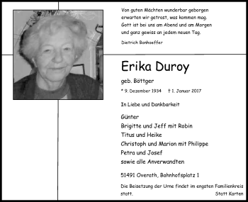 Anzeige von Erika Duroy von Kölner Stadt-Anzeiger / Kölnische Rundschau / Express