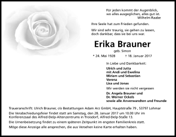 Anzeige von Erika Brauner von Kölner Stadt-Anzeiger / Kölnische Rundschau / Express