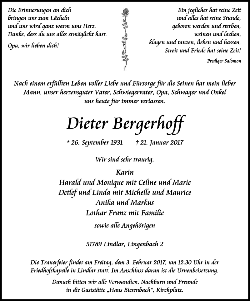  Traueranzeige für Dieter Bergerhoff vom 28.01.2017 aus Kölner Stadt-Anzeiger / Kölnische Rundschau / Express