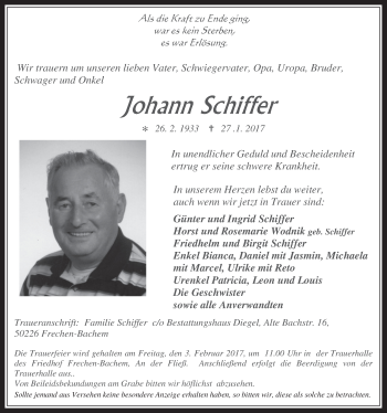 Anzeige von Johann Schiffer von  Wochenende 
