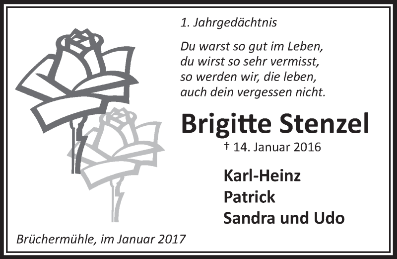  Traueranzeige für Brigitte Stenzel vom 18.01.2017 aus  Lokalanzeiger 