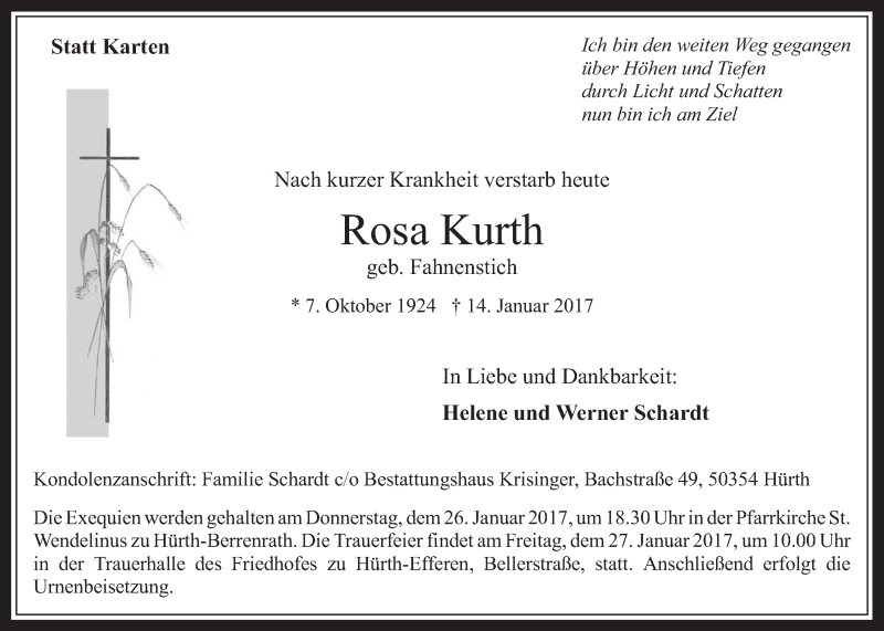  Traueranzeige für Rosa Kurth vom 25.01.2017 aus  Wochenende 