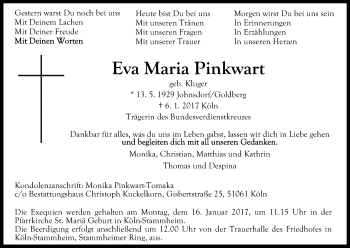 Anzeige von Eva Maria Pinkwart von Kölner Stadt-Anzeiger / Kölnische Rundschau / Express
