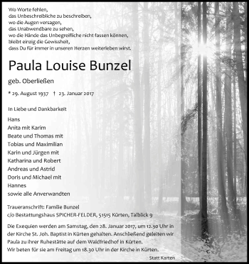 Anzeige von Paula Louise Bunzel von Kölner Stadt-Anzeiger / Kölnische Rundschau / Express