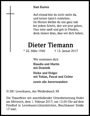 Anzeige von Dieter Tiemann von Kölner Stadt-Anzeiger / Kölnische Rundschau / Express