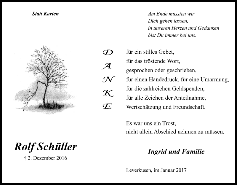  Traueranzeige für Rolf Schüller vom 04.01.2017 aus Kölner Stadt-Anzeiger / Kölnische Rundschau / Express