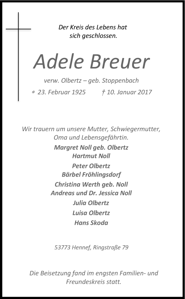  Traueranzeige für Adele Breuer vom 21.01.2017 aus Kölner Stadt-Anzeiger / Kölnische Rundschau / Express