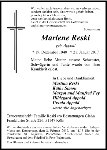 Anzeige von Marlene Reski von Kölner Stadt-Anzeiger / Kölnische Rundschau / Express