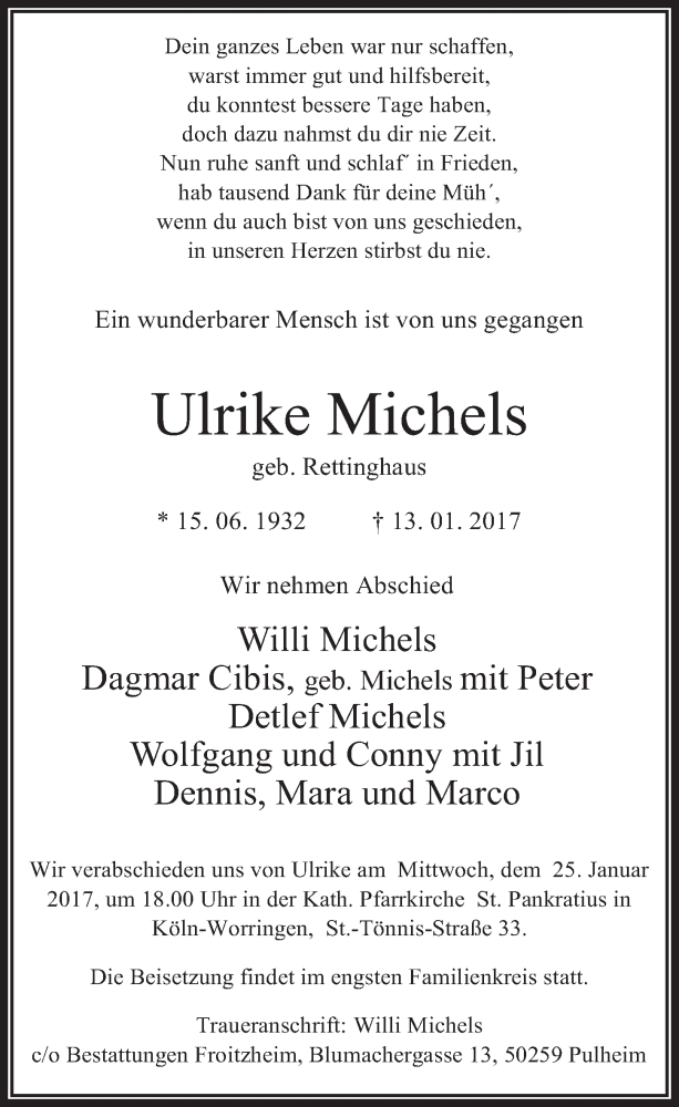  Traueranzeige für Ulrike Michels vom 25.01.2017 aus  Kölner Wochenspiegel 