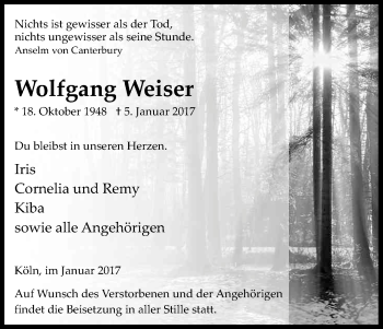 Anzeige von Wolfgang Weiser von Kölner Stadt-Anzeiger / Kölnische Rundschau / Express