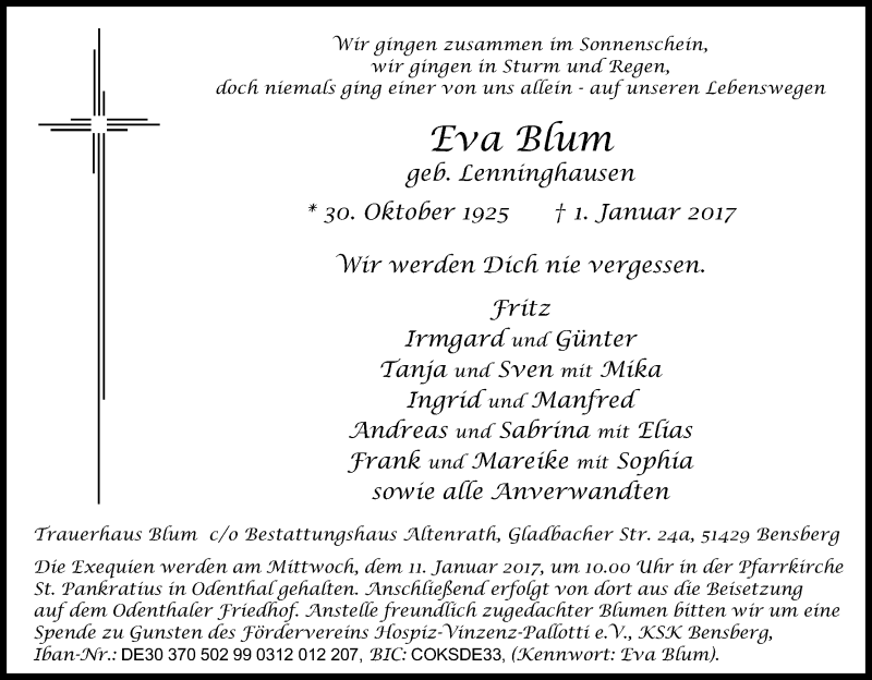  Traueranzeige für Eva Blum vom 06.01.2017 aus Kölner Stadt-Anzeiger / Kölnische Rundschau / Express