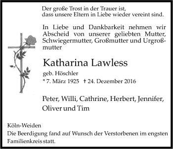 Anzeige von Katharina Lawless von Kölner Stadt-Anzeiger / Kölnische Rundschau / Express