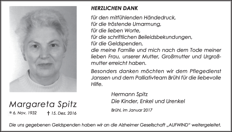  Traueranzeige für Margareta Spitz vom 18.01.2017 aus  Schlossbote/Werbekurier 