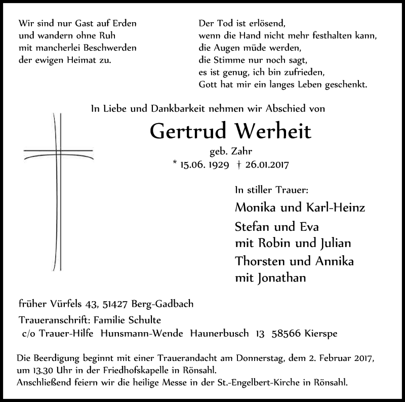  Traueranzeige für Gertrud Werheit vom 01.02.2017 aus Kölner Stadt-Anzeiger / Kölnische Rundschau / Express