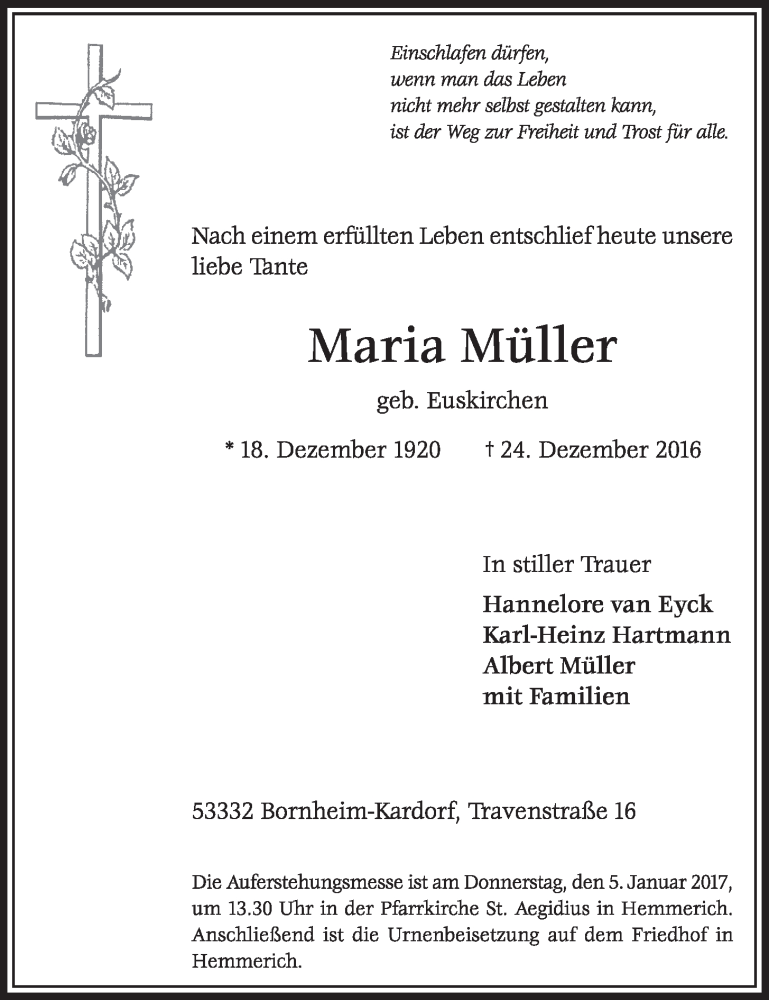  Traueranzeige für Maria Müller vom 04.01.2017 aus  Schaufenster/Blickpunkt  Schlossbote/Werbekurier 