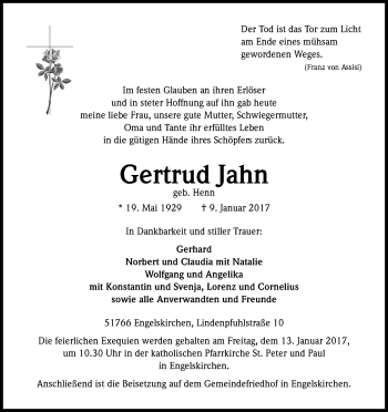 Anzeige von Gertrud Jahn von Kölner Stadt-Anzeiger / Kölnische Rundschau / Express
