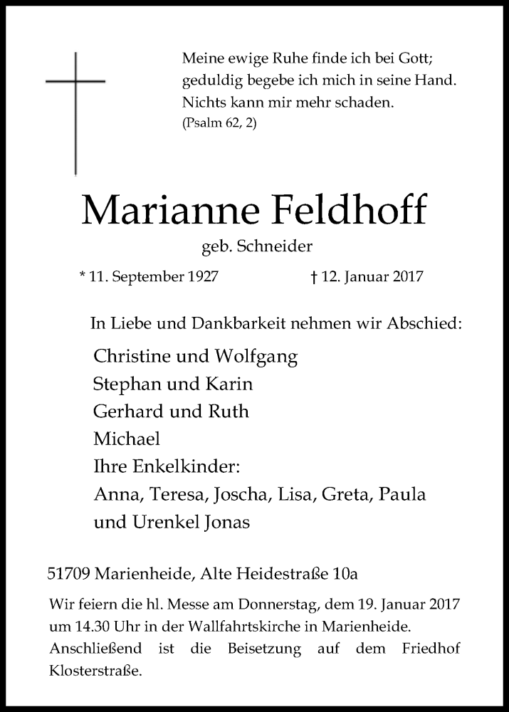  Traueranzeige für Marianne Feldhoff vom 14.01.2017 aus Kölner Stadt-Anzeiger / Kölnische Rundschau / Express