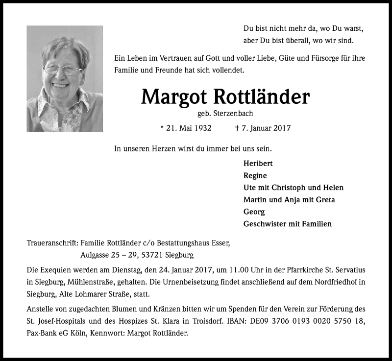  Traueranzeige für Margot Rottländer vom 18.01.2017 aus Kölner Stadt-Anzeiger / Kölnische Rundschau / Express