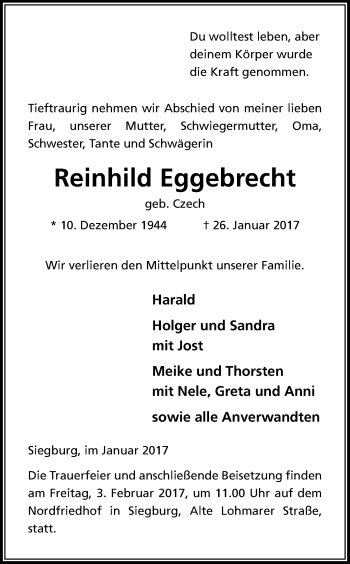 Anzeige von Reinhild Eggebrecht von Kölner Stadt-Anzeiger / Kölnische Rundschau / Express
