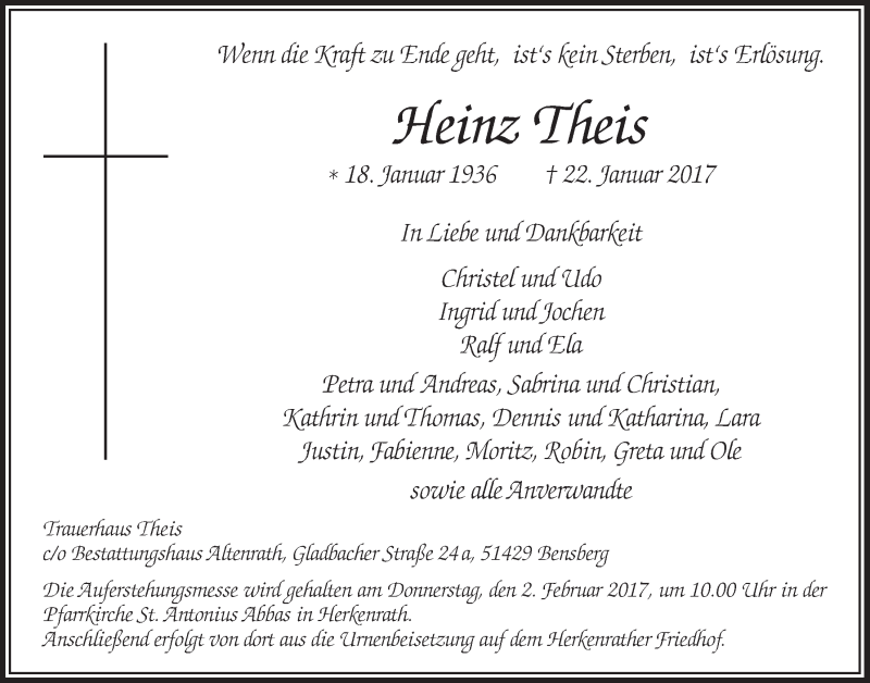  Traueranzeige für Heinz Theis vom 01.02.2017 aus  Bergisches Handelsblatt 