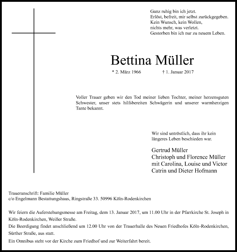  Traueranzeige für Bettina Müller vom 07.01.2017 aus Kölner Stadt-Anzeiger / Kölnische Rundschau / Express