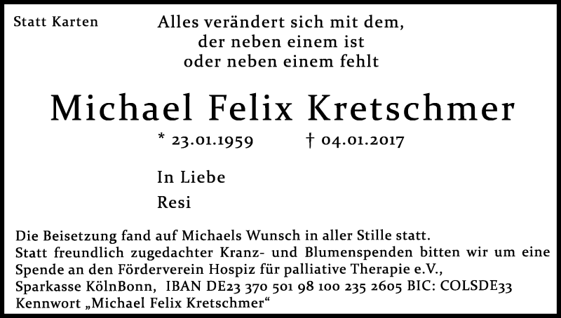  Traueranzeige für Michael Felix Kretschmer vom 14.01.2017 aus Kölner Stadt-Anzeiger / Kölnische Rundschau / Express