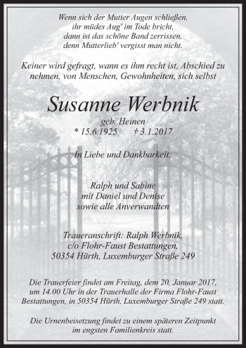 Anzeige von Susanne Werbnik von  Wochenende 