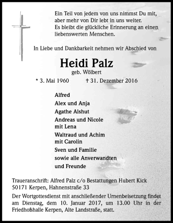 Anzeige von Heidi Palz von Kölner Stadt-Anzeiger / Kölnische Rundschau / Express