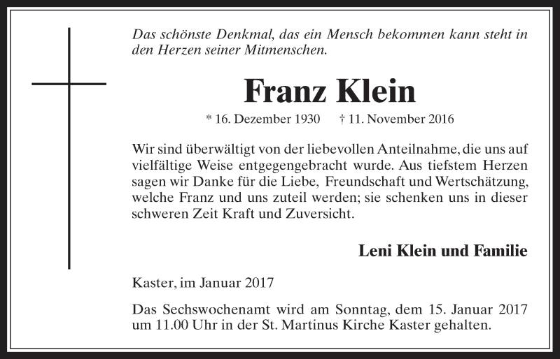  Traueranzeige für Franz Klein vom 11.01.2017 aus  Werbepost 