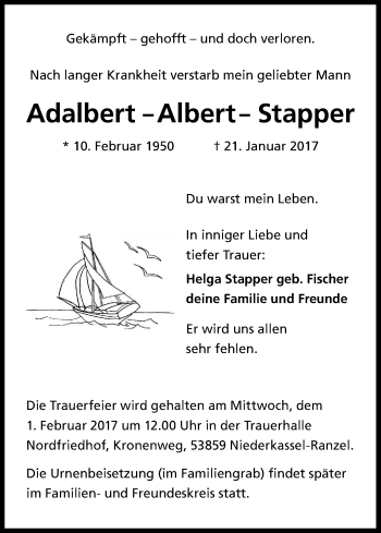 Anzeige von Adalbert Stapper von Kölner Stadt-Anzeiger / Kölnische Rundschau / Express