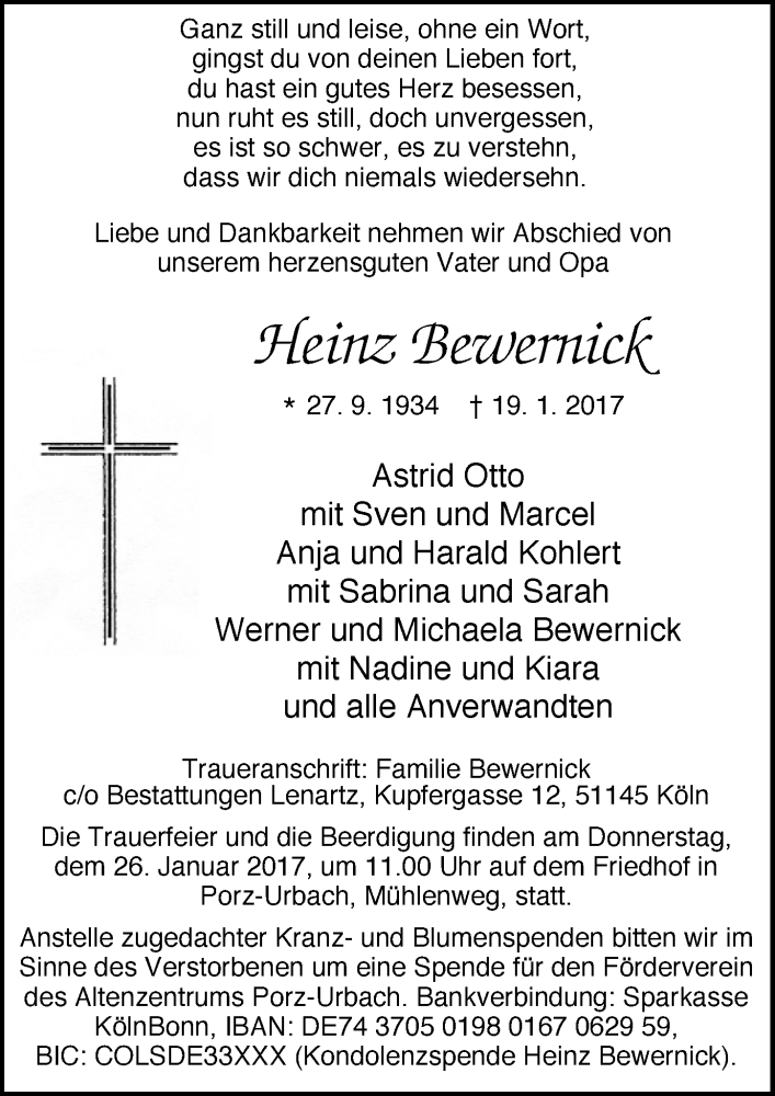 Traueranzeige für Heinz Bewernick vom 25.01.2017 aus  Kölner Wochenspiegel 