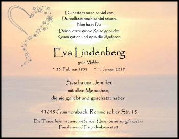 Anzeige von Eva Lindenberg von Kölner Stadt-Anzeiger / Kölnische Rundschau / Express