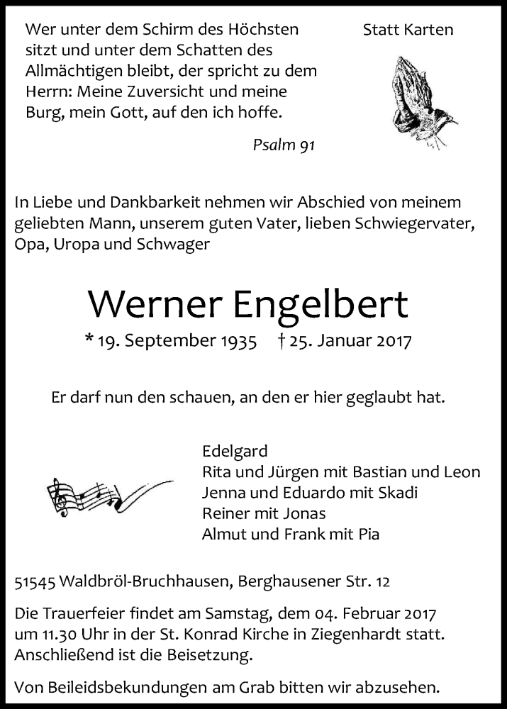  Traueranzeige für Werner Engelbert vom 28.01.2017 aus Kölner Stadt-Anzeiger / Kölnische Rundschau / Express