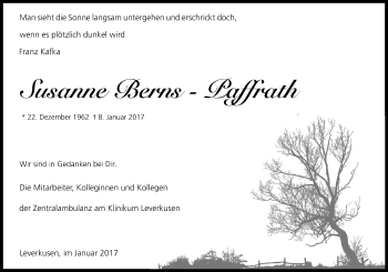 Anzeige von Susanne Berns-Paffrath von Kölner Stadt-Anzeiger / Kölnische Rundschau / Express