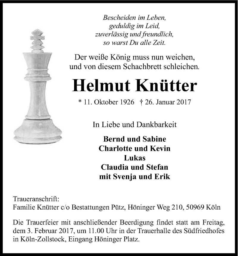  Traueranzeige für Helmut Knütter vom 01.02.2017 aus Kölner Stadt-Anzeiger / Kölnische Rundschau / Express
