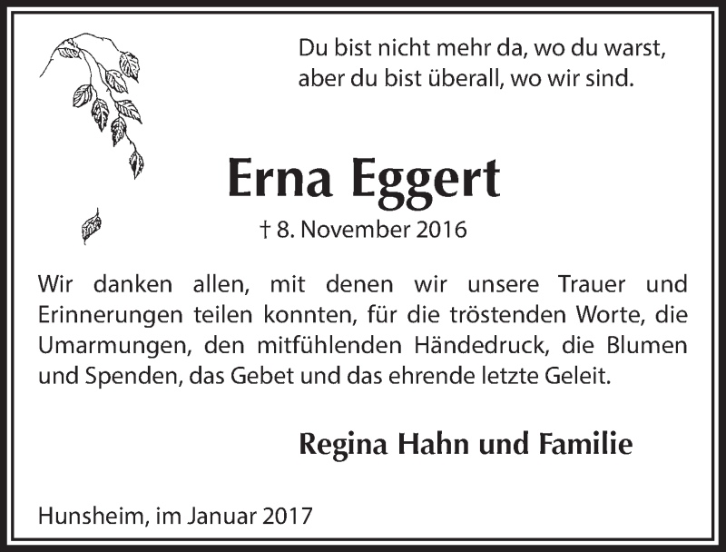  Traueranzeige für Erna Eggert vom 04.01.2017 aus  Anzeigen Echo 