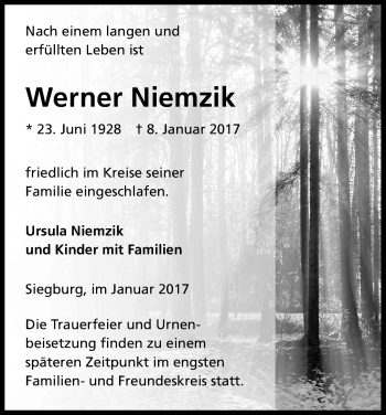 Anzeige von Werner Niemzik von Kölner Stadt-Anzeiger / Kölnische Rundschau / Express