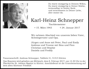 Anzeige von Karl-Heinz Schnepper von Kölner Stadt-Anzeiger / Kölnische Rundschau / Express
