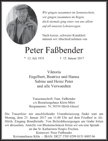 Anzeige von Peter Faßbender von  Wochenende 