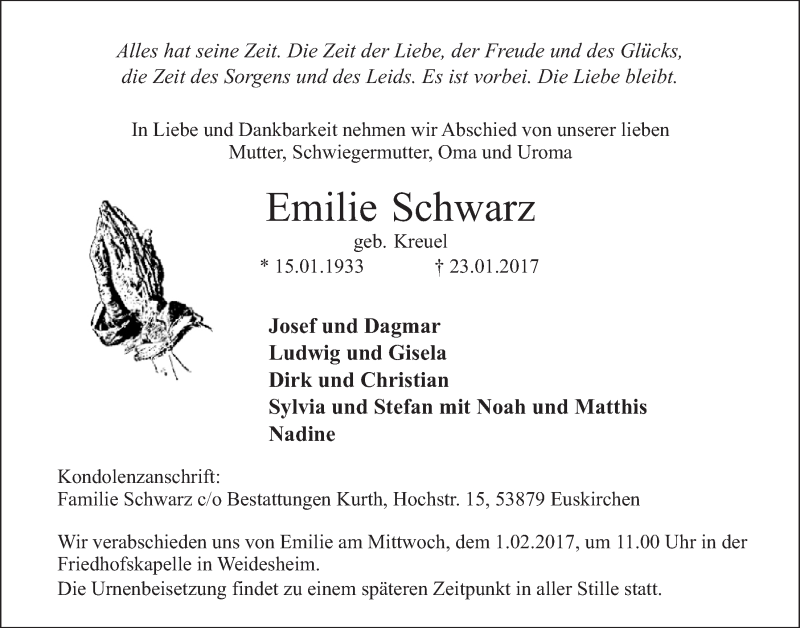  Traueranzeige für Emilie Schwarz vom 28.01.2017 aus  Blickpunkt Euskirchen 