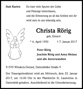 Anzeige von Christa Rörig von Kölner Stadt-Anzeiger / Kölnische Rundschau / Express