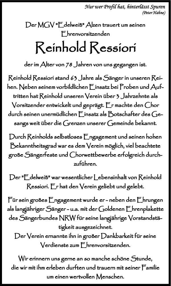  Traueranzeige für Reinhold Ressiori vom 18.01.2017 aus Kölner Stadt-Anzeiger / Kölnische Rundschau / Express