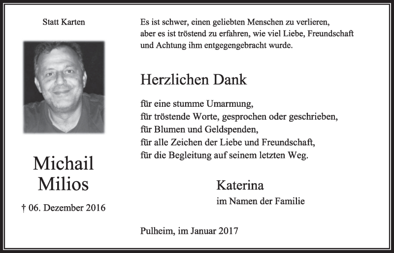  Traueranzeige für Michail Milios vom 14.01.2017 aus  Sonntags-Post 
